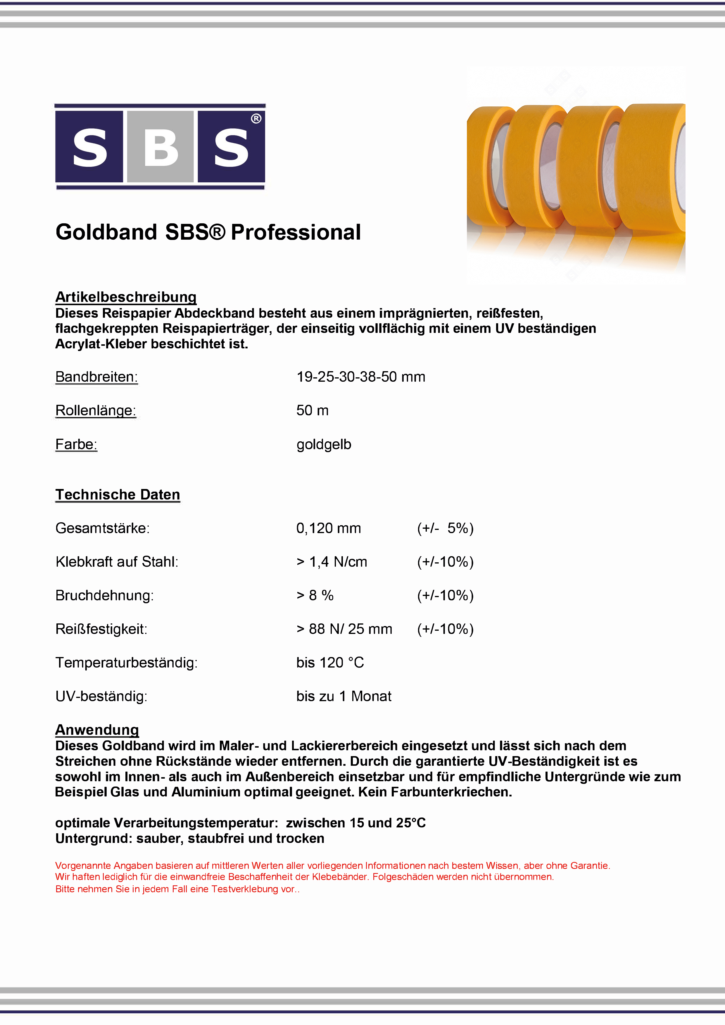 SBS® Goldband 38 mm x 50 m, Kreppband, Malerkrepp, Abdeckband, Klebeband